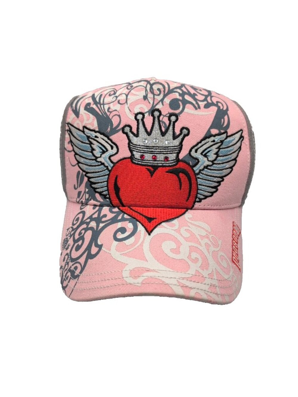 NEW PugsGear Ladies Embroidered Jeweled Baseball Hat Pink/Grey OS Hook/Loop Back